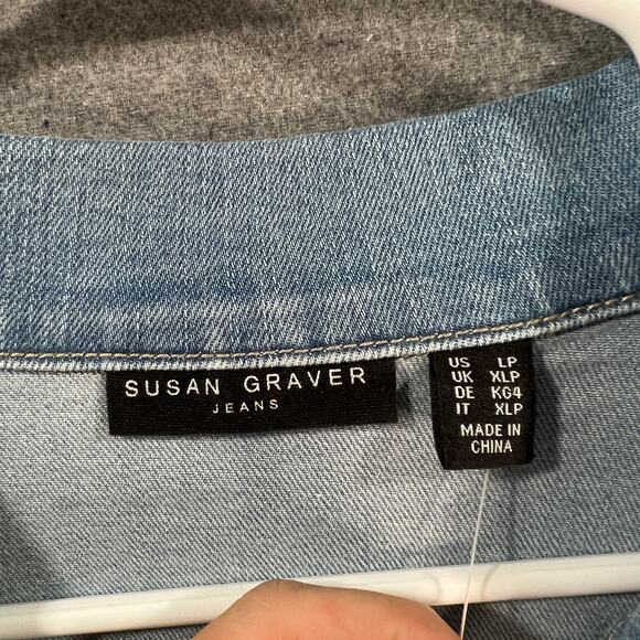 Susan Graver High Stretch Denim Long Jean Jacket Bleached Denim Large Petite - Picture 3 of 11